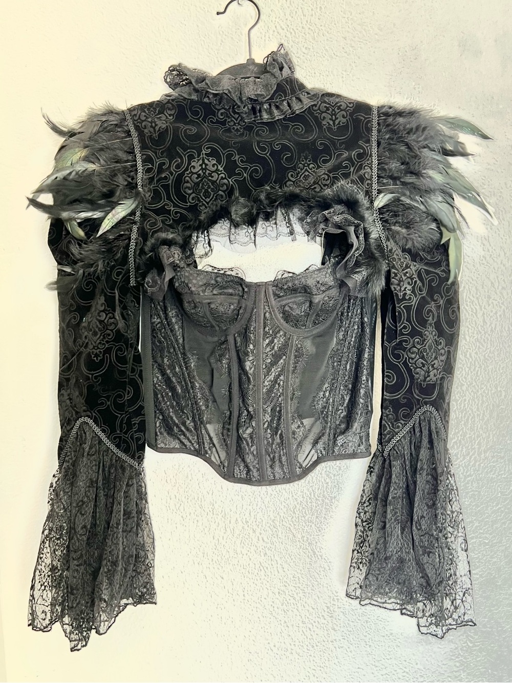 Black Lace Ostrich Feather Bolero Topper Top Gothic Victorian Halloween Costume